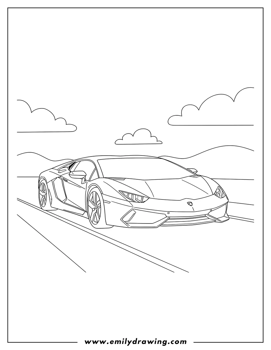 PDF style coloring page: lamborghini coupe on a road