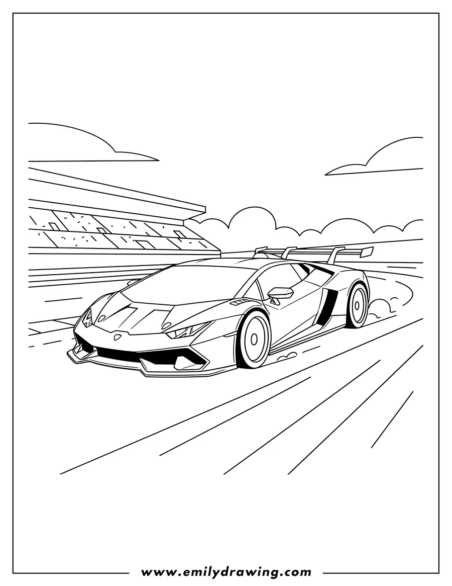Clean line drawing: lamborghini race car speeding on a track