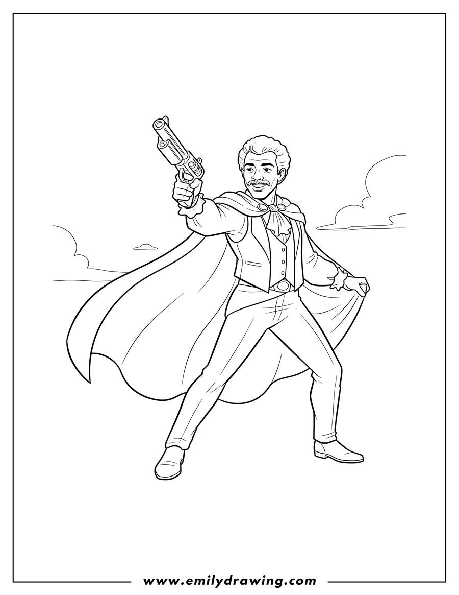 Coloring page for kids: lando Calrissian holding a blaster and wearing a cape
