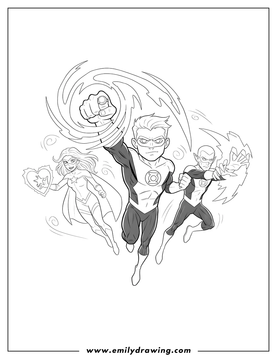 Vector style outline of green Lantern flying forward with his ring, flanked by Star Sapphire and Sinestro