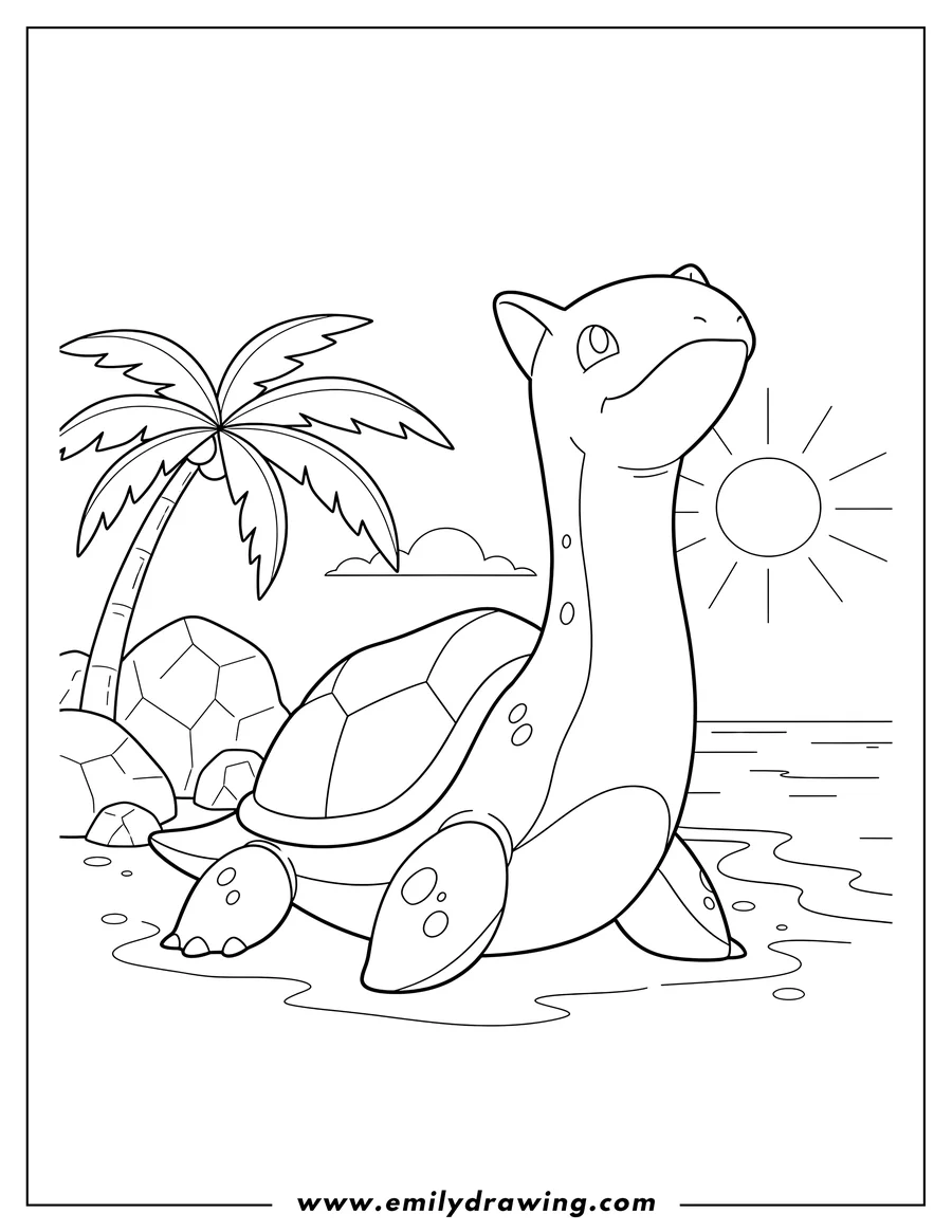 Coloring sheet featuring lapras On Beach, head raised with a determined look