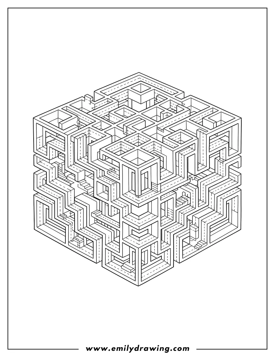 PDF style coloring page: large 3D Geometric Cube Maze, intricate design