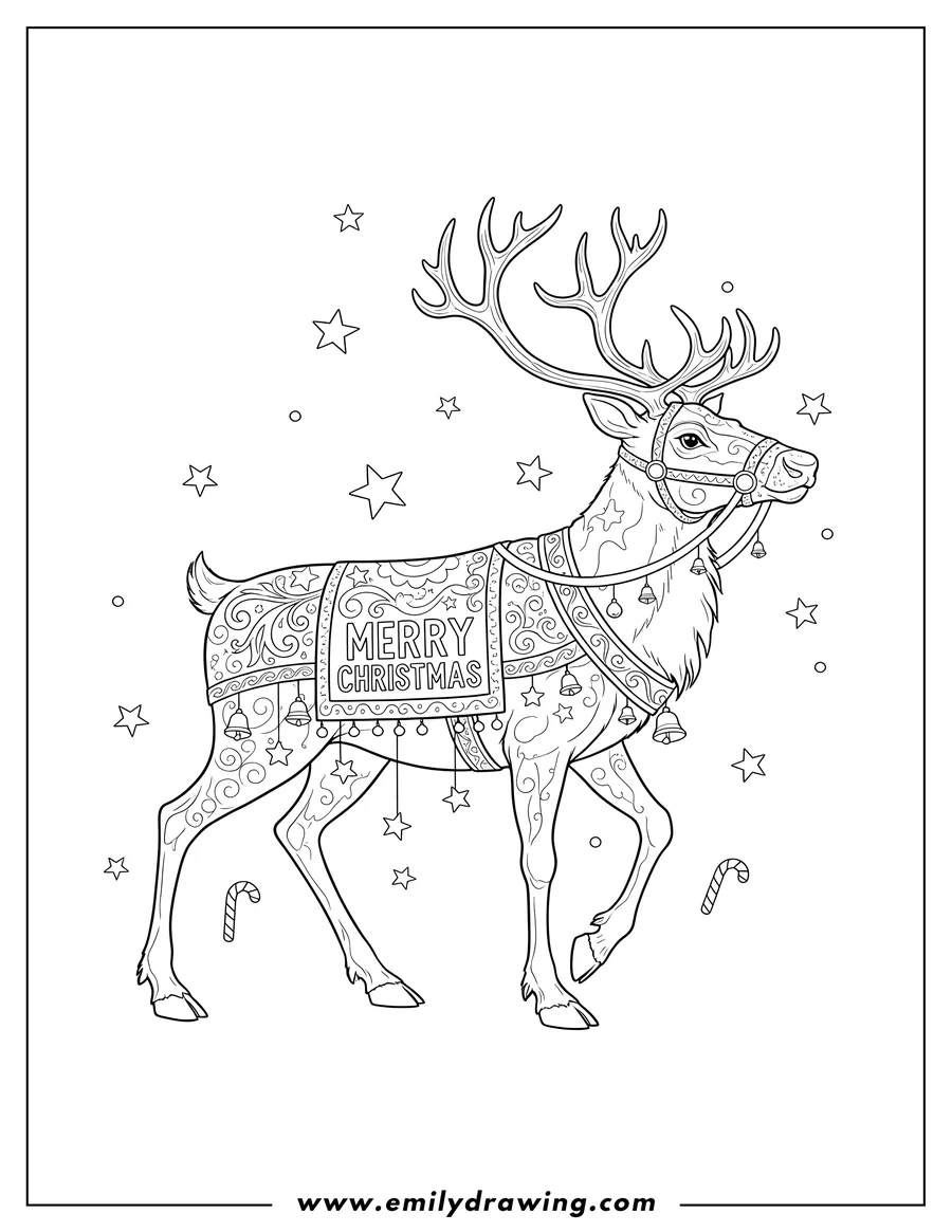 Full page coloring image of large adult reindeer walking, wearing a Christmas bridle and ornate harness, with 'MERRY CHRISTMAS' text, candy canes, and stars
