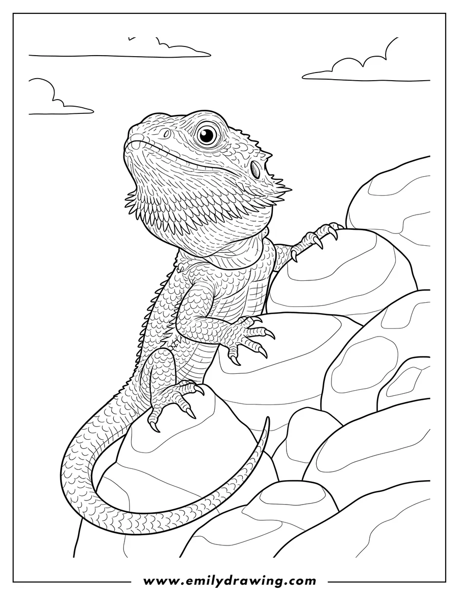 Coloring page of large Bearded Dragon climbing a rock, looking up