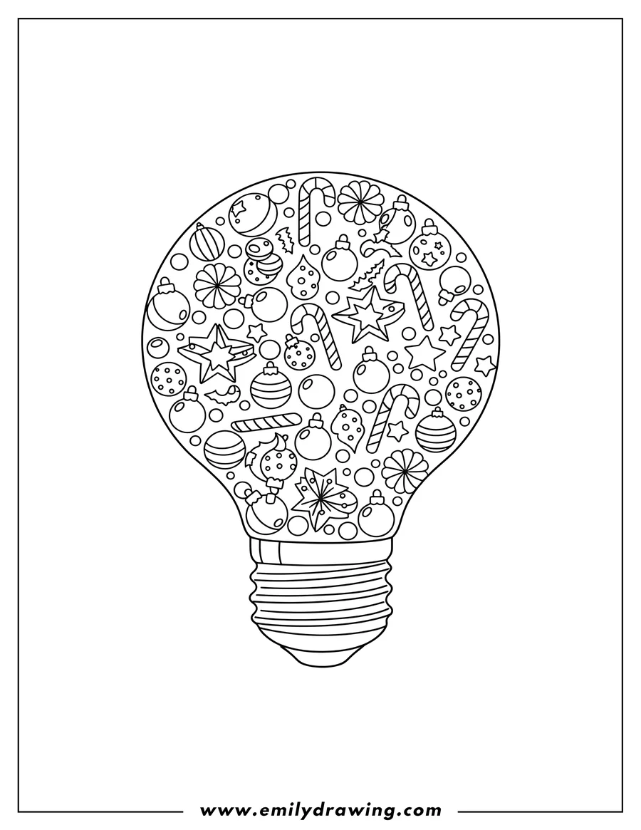 Linear illustration of A large Christmas light bulb with a ribbed base, featuring scattered small ornaments and candy canes, coloring page