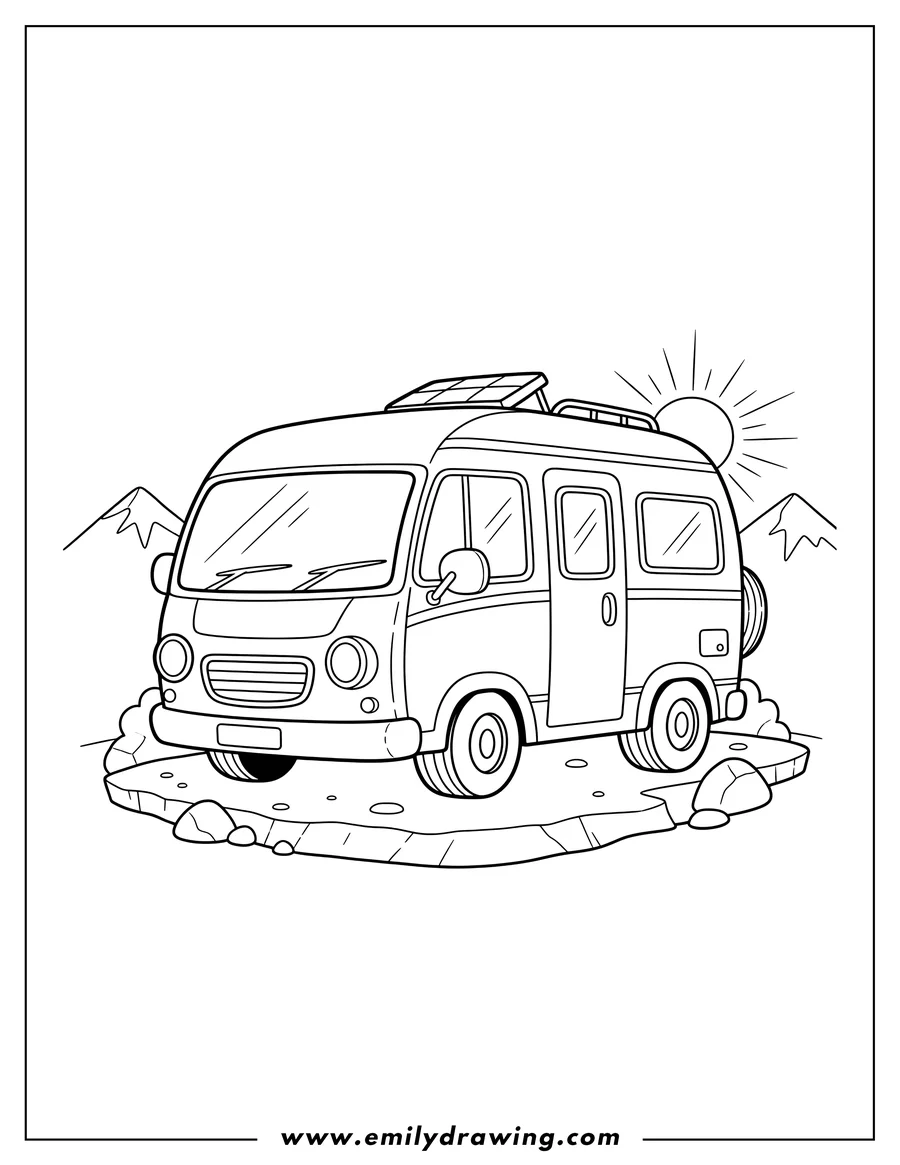 PDF style coloring page: large Campervan parked on rocky ground