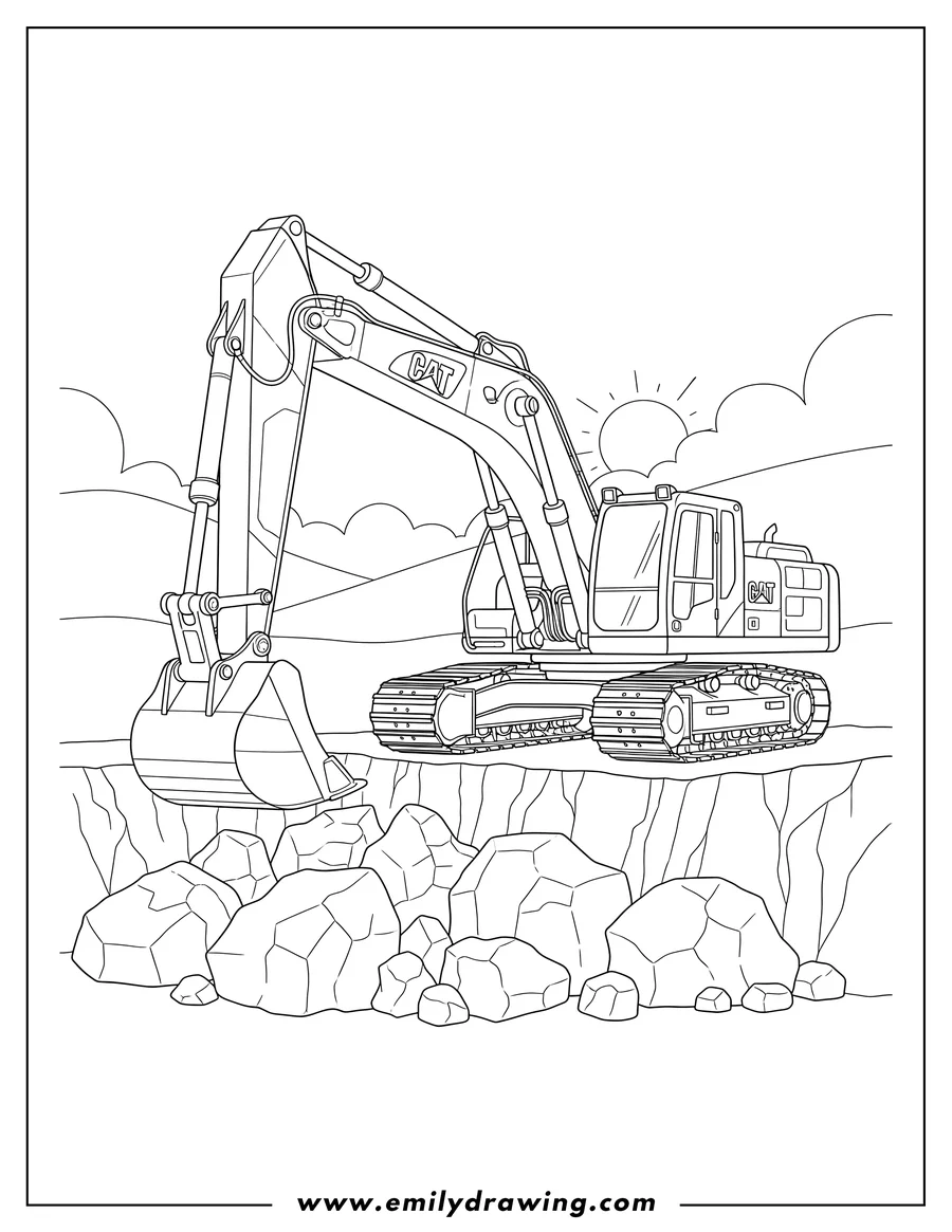 PDF style coloring page: large CAT Excavator on rocky terrain with its arm extended