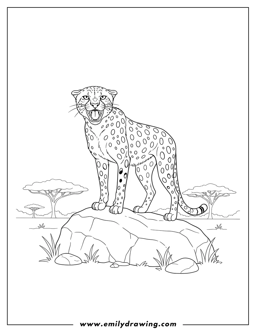 Free to print drawing of large Cheetah Hissing with mouth open and teeth visible, standing on a rock