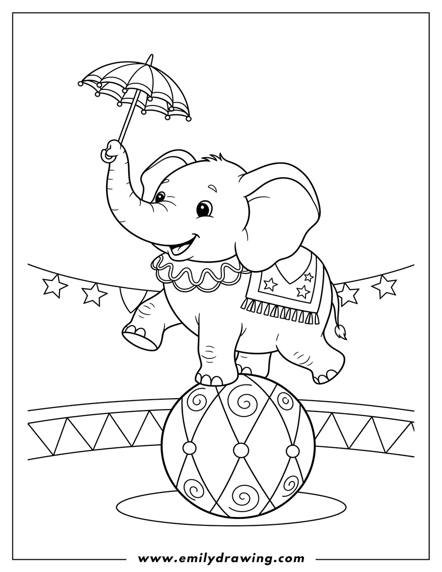 Free printable coloring sheet of large circus elephant balancing on a ball with its trunk raised