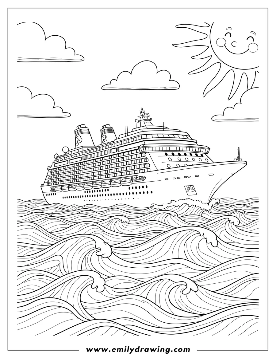 Free to print drawing of large cruise ship with multiple decks and funnels sailing on wavy open seas To Color Scaled