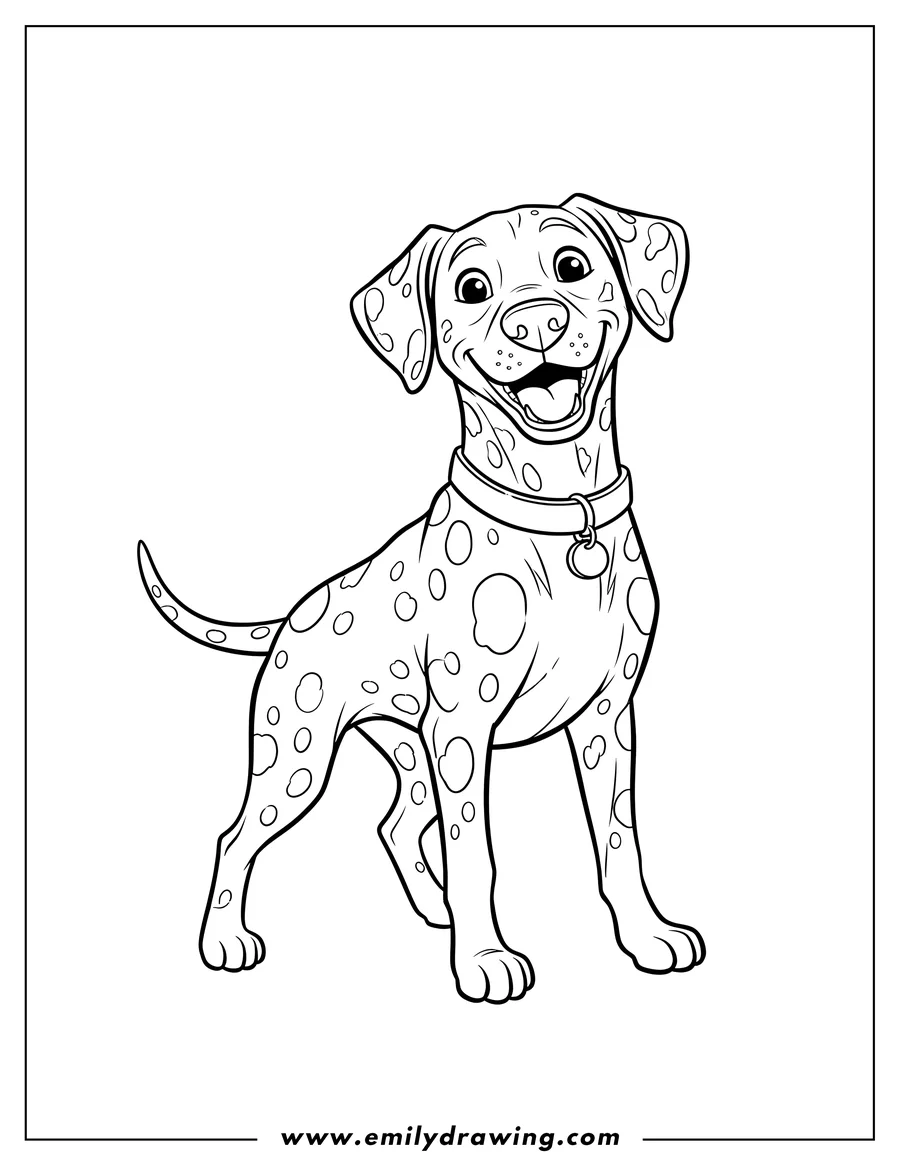 Full page coloring image of large Dalmatian Dog standing and smiling, wearing a collar