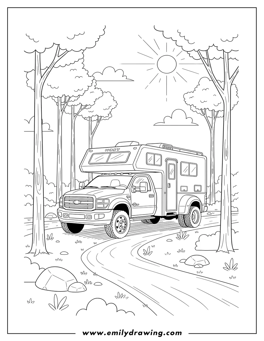 High quality printable large dually pickup truck with a HOST camper in a forest for coloring