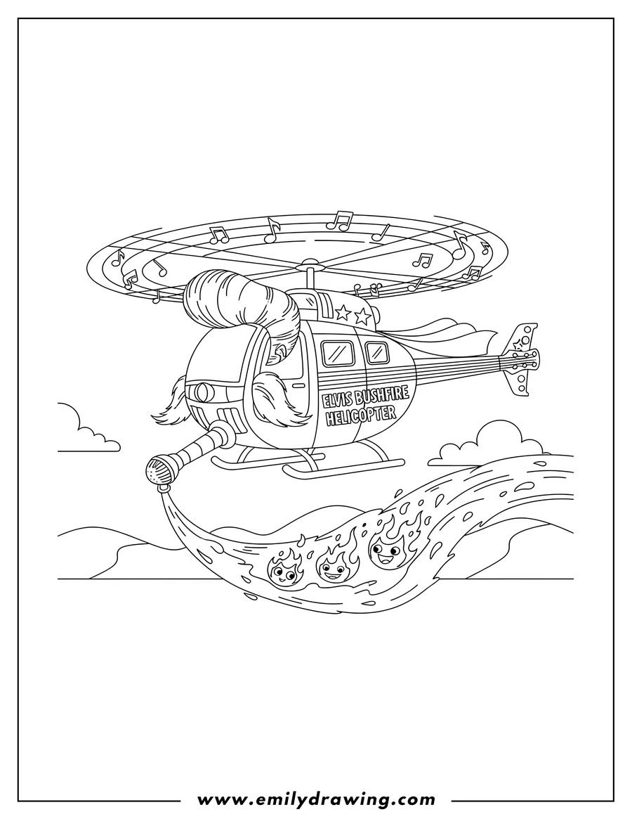 PDF style coloring page: large Elvis Bushfire Helicopter flying