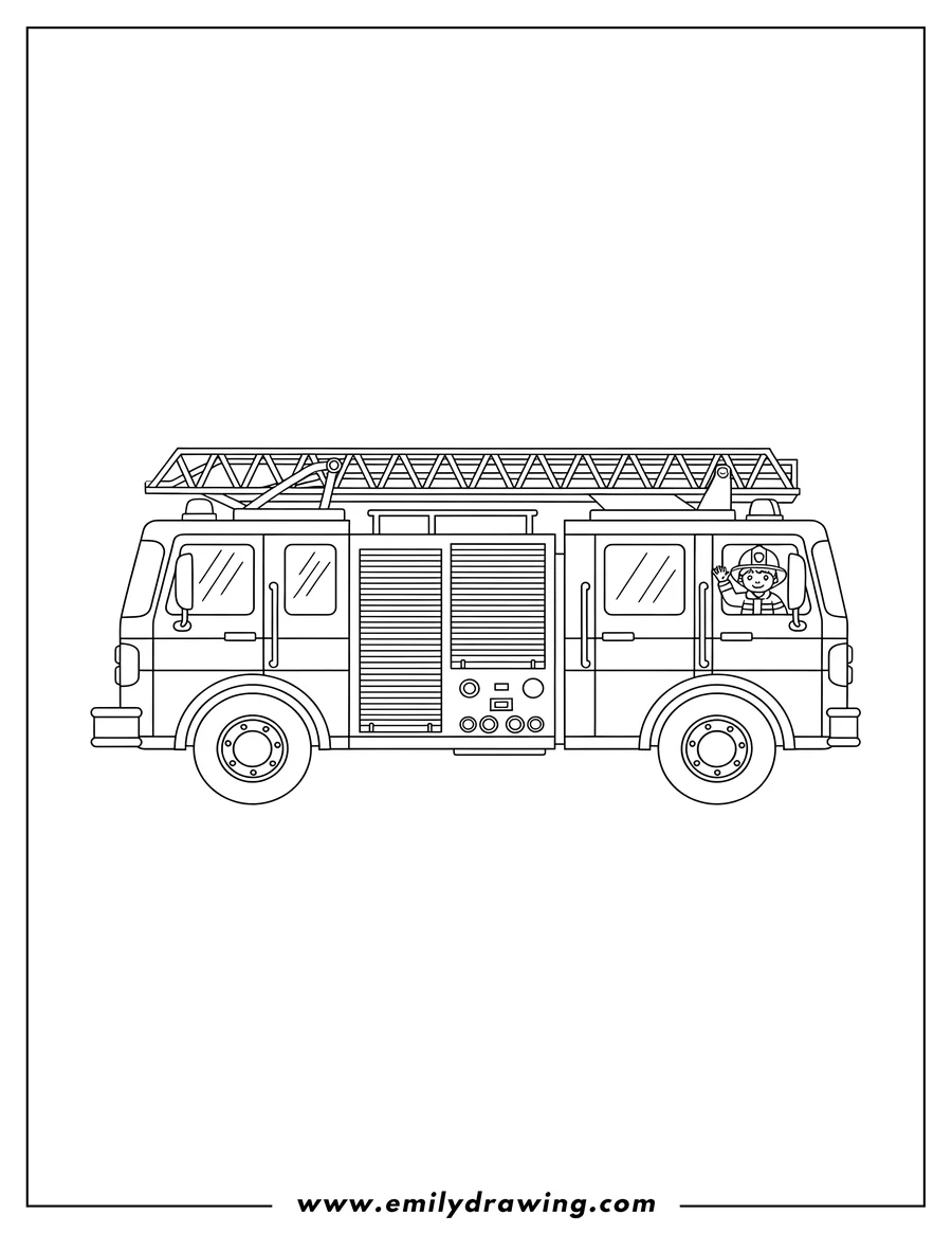 Coloring page for kids: large Fire Truck Scaled, with visible ladders and a small figure in a side compartment