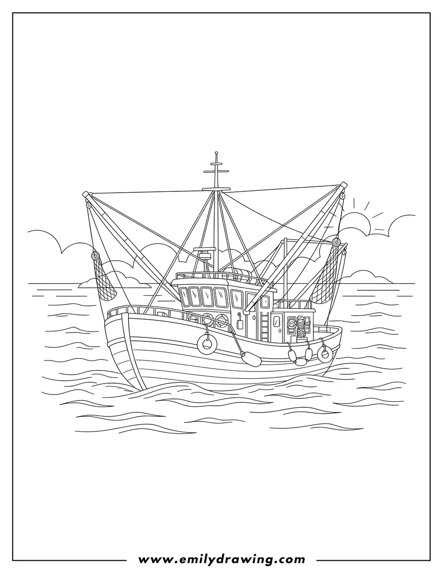 Coloring page of large Fishing Boat with mast and fishing cranes in Middle Sea