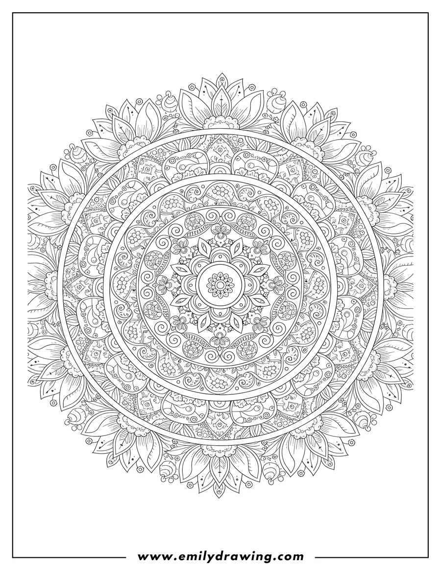 Full page coloring image of large, intricate Floral Zentangle Mandala with Circles