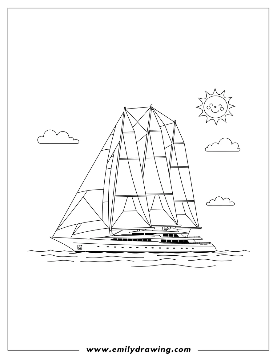 Printable coloring page of large super yacht with four battened sails, sailing on water