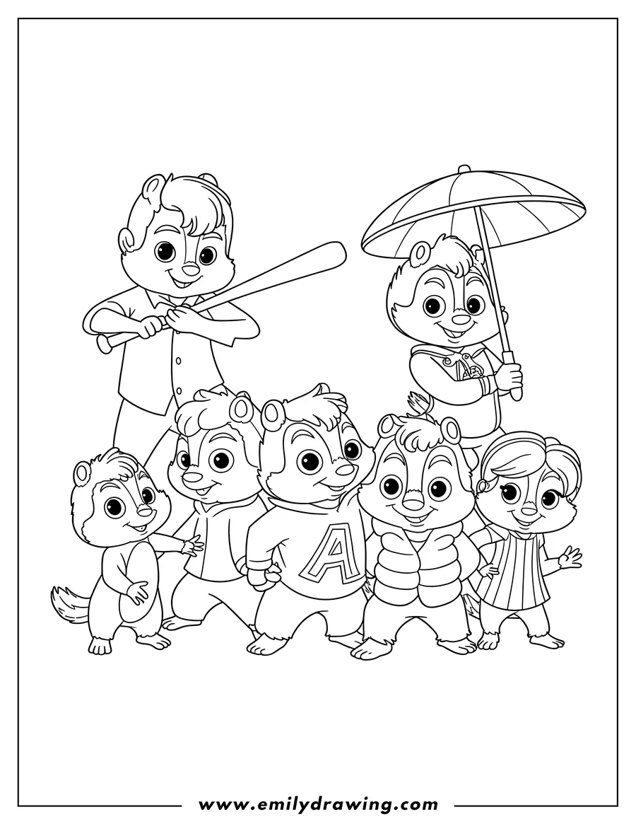 Black and white line art of chipmunk