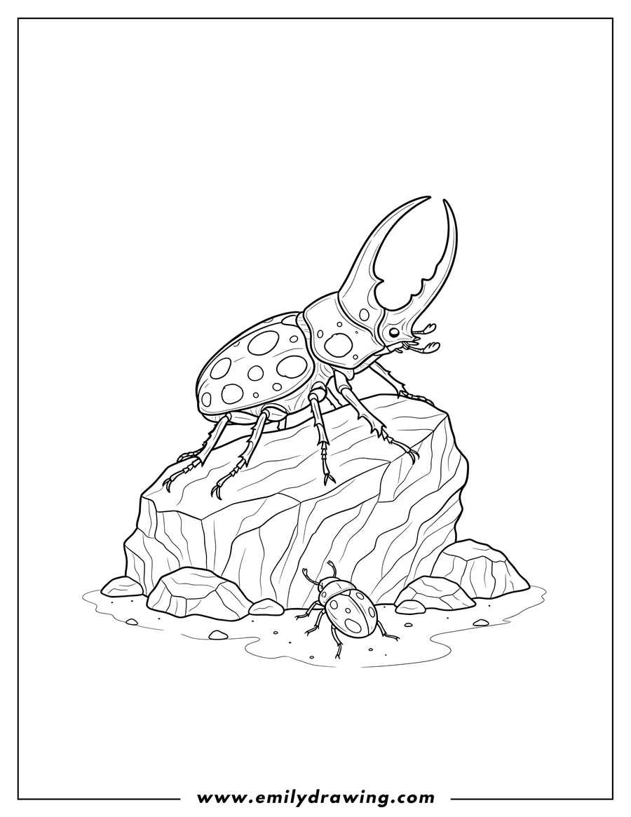 Full page coloring image of large Hercules beetle with a spotted back standing on a rock, and a smaller beetle on the ground