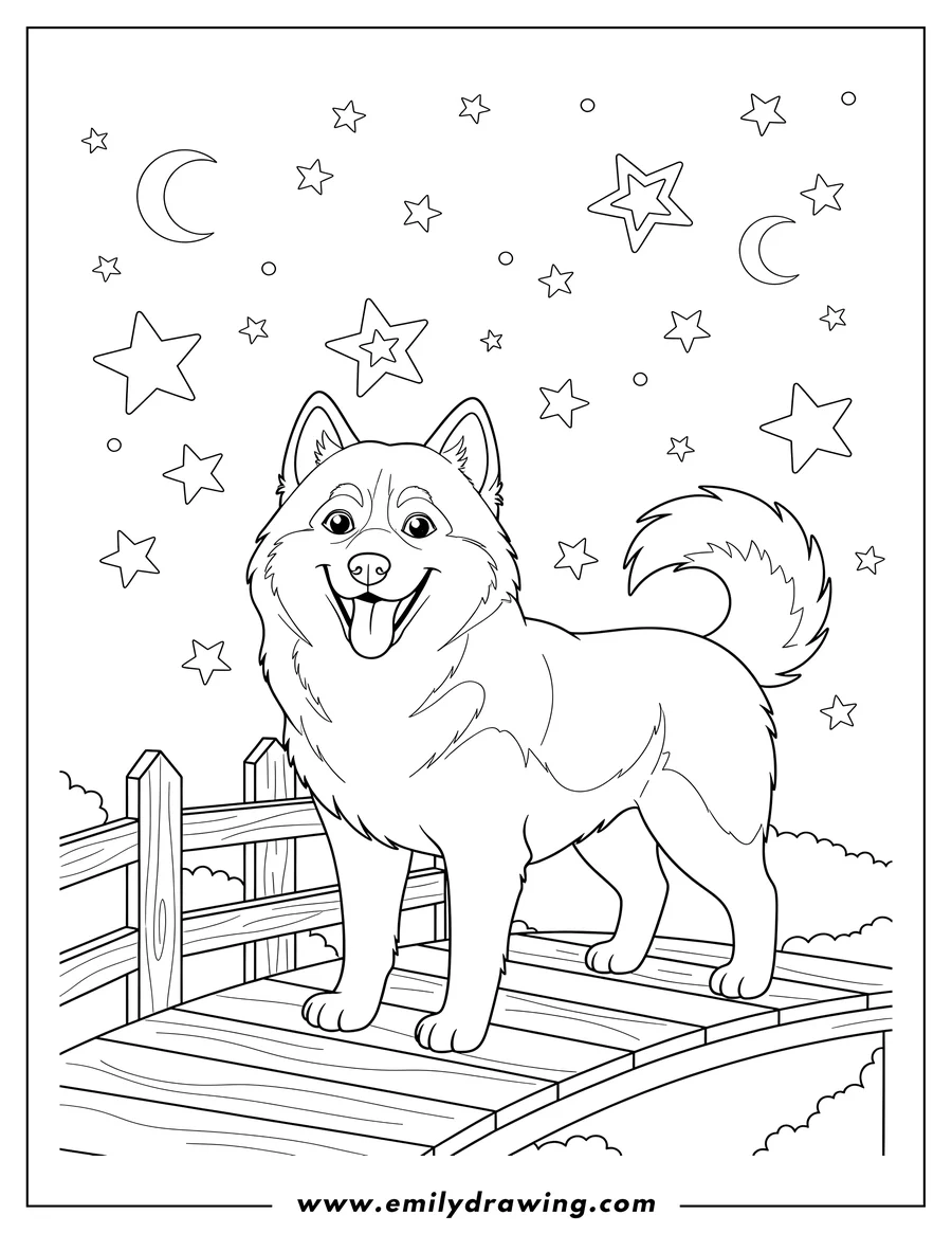 Printable coloring page of large Husky Standing on a bridge next to a fence, smiling, on a starry night