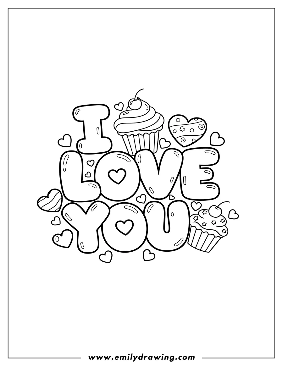 Coloring page for kids: large I Love You Text To Color, with bubbly letters, hearts, and cupcakes