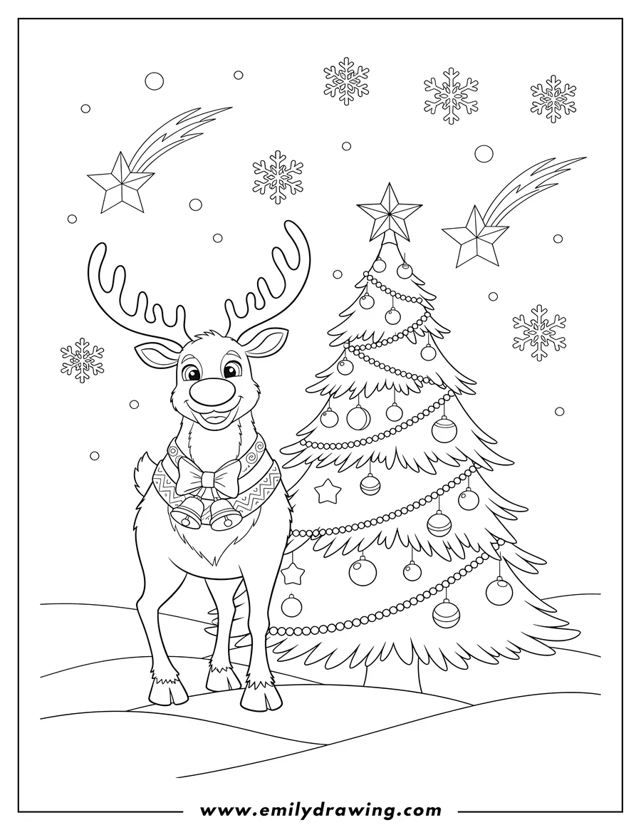 Downloadable coloring page of large male reindeer standing next to a snowy Christmas tree, with falling stars and snowflakes