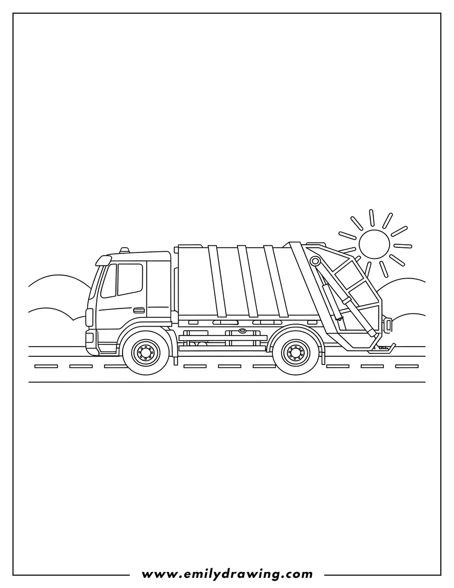Free printable coloring sheet of large Modern Garbage Truck side view driving on a road
