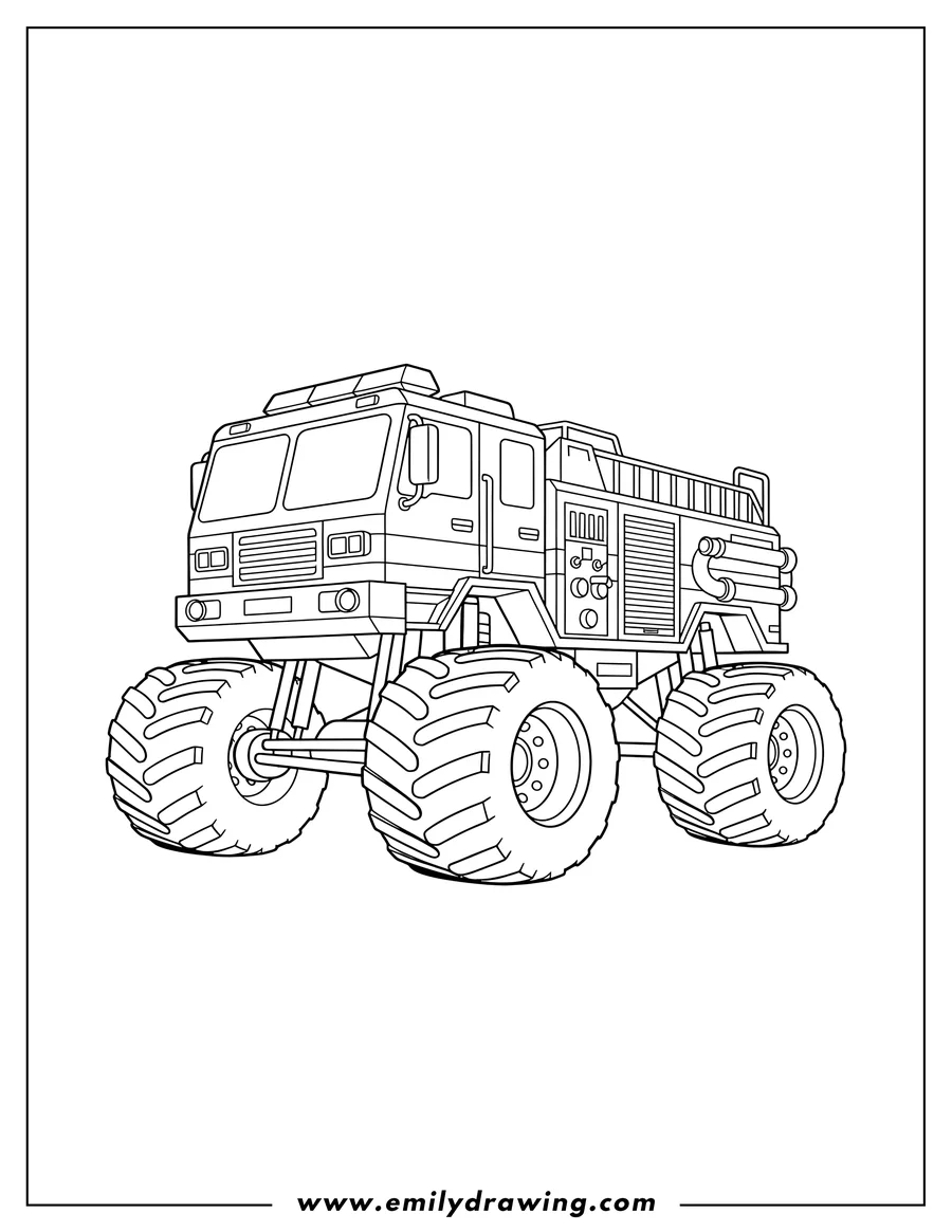 Coloring page of large Monster Fire Truck Scaled, with massive, treaded tires and a detailed, angular body