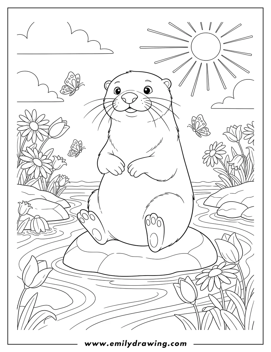 Black and white line art of large Otter Sitting Up on a Rock by a River, with Flowers and Butterflies