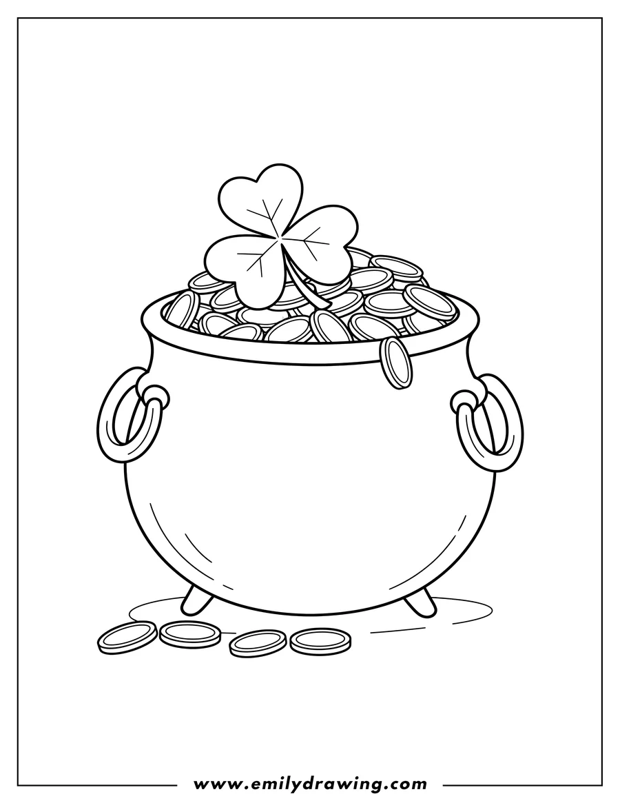 Full page coloring image of large pot of gold coins with a shamrock, to color