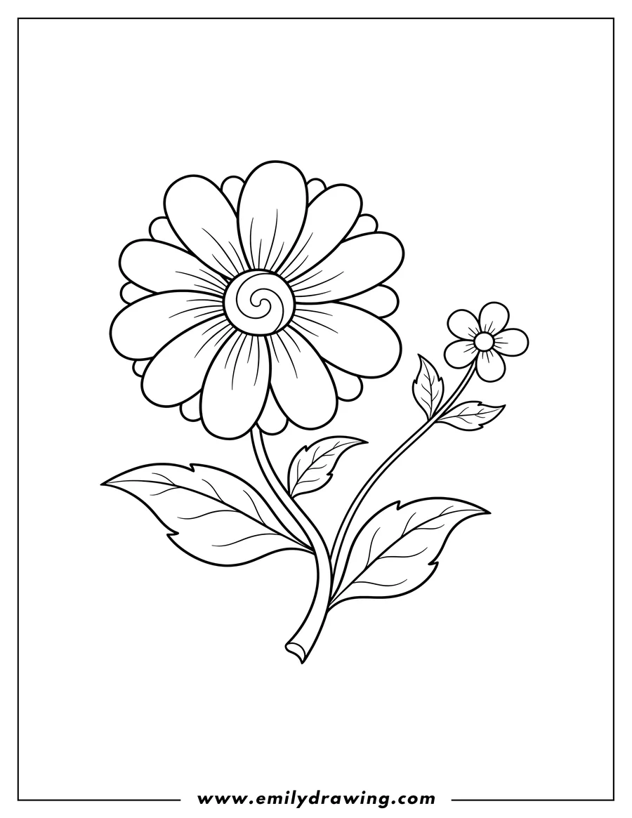 Outline drawing of [Scene]: A large prominent flower with leaves, and a smaller flower