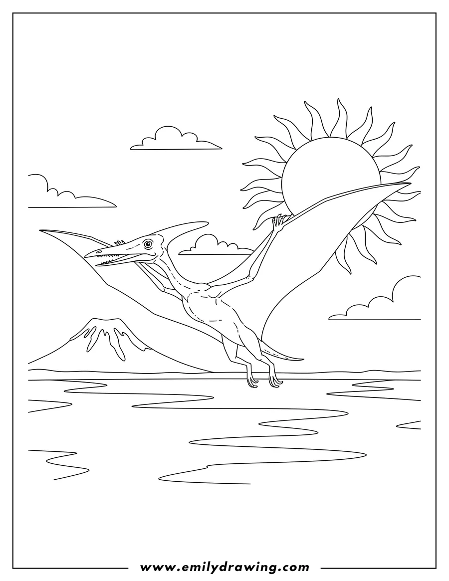 Coloring page for kids: large Pterodactyl flying over water under sun