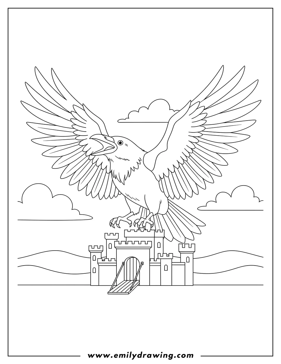 Coloring page for kids: large Raven flying with spread wings and open beak over a Medieval Castle