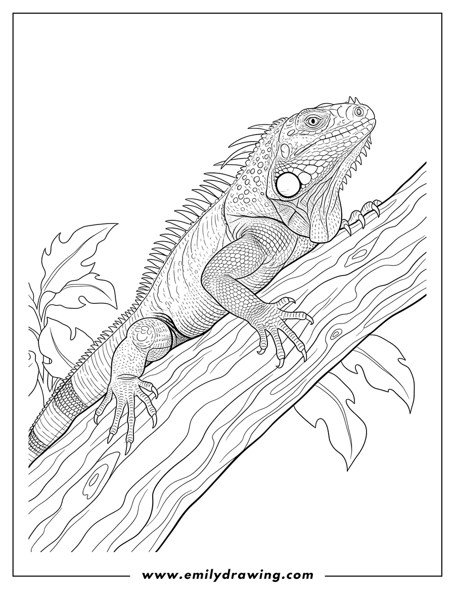 Coloring page for kids: large Realistic Iguana with a spiky crest climbing a thick tree branch