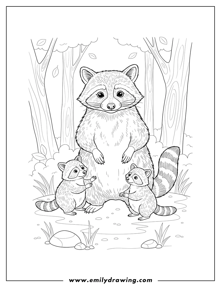 Clean line drawing: large Realistic Racoon standing with baby raccoons