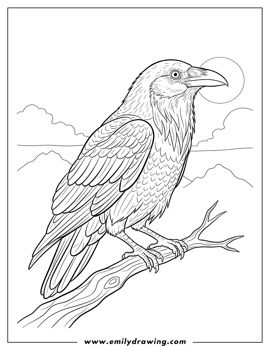 Full page coloring image of large Realistic Raven standing looking right