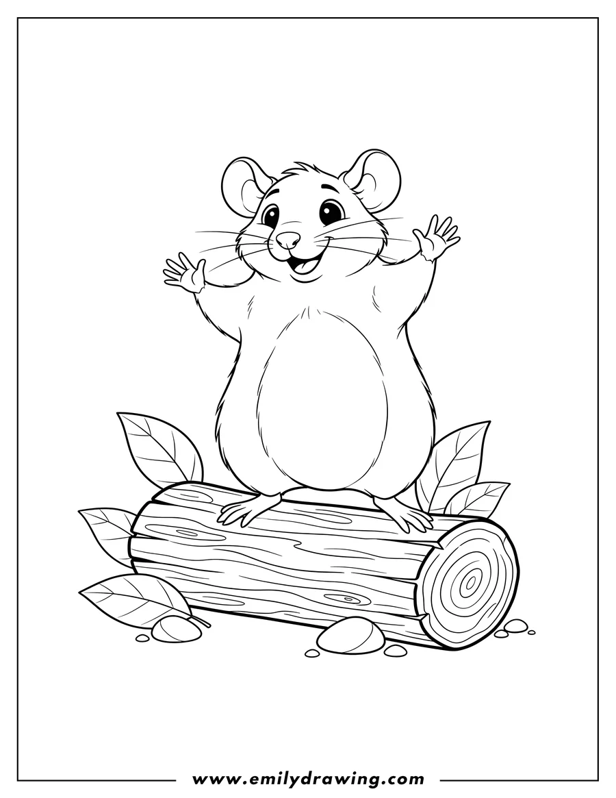 Free to print drawing of large Smiling Rat standing with front paws raised on a wooden log
