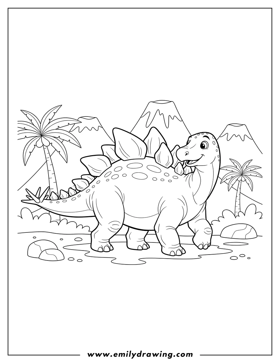 Coloring sheet featuring large Stegosaurus with prominent back plates and tail spikes, walking and looking back over its shoulder