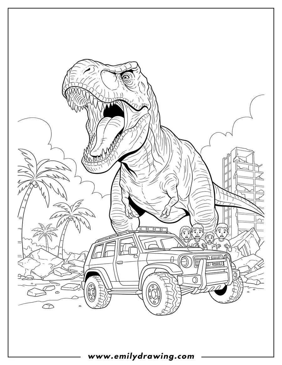 Printable coloring page of large T Rex From Jurassic World roaring at people hiding behind a vehicle To Color