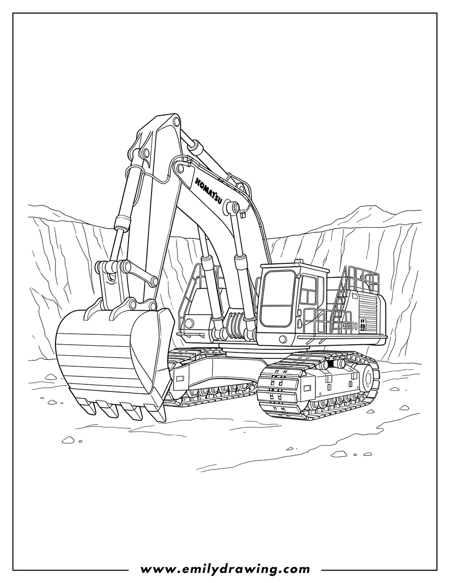 Black and white line art of large, Tracked Komatsu PC 5500 Mining Excavator To Color