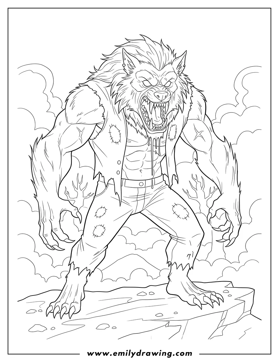 Downloadable coloring page of large Werewolf snarling, baring fangs, and drooling in a foggy landscape