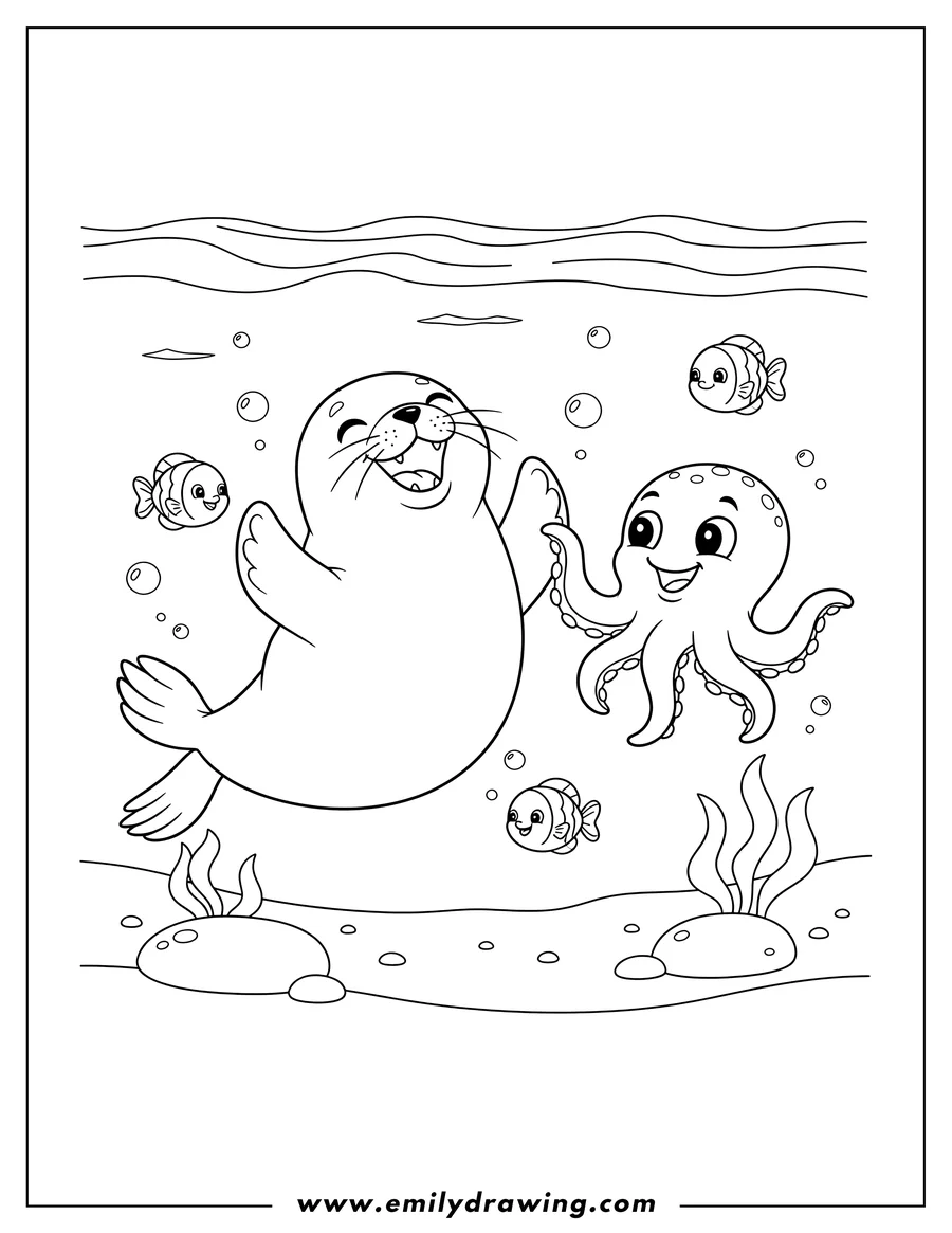 Simple sketch of laughing Baby Seal Under Ocean with a smiling octopus and swimming fish to color