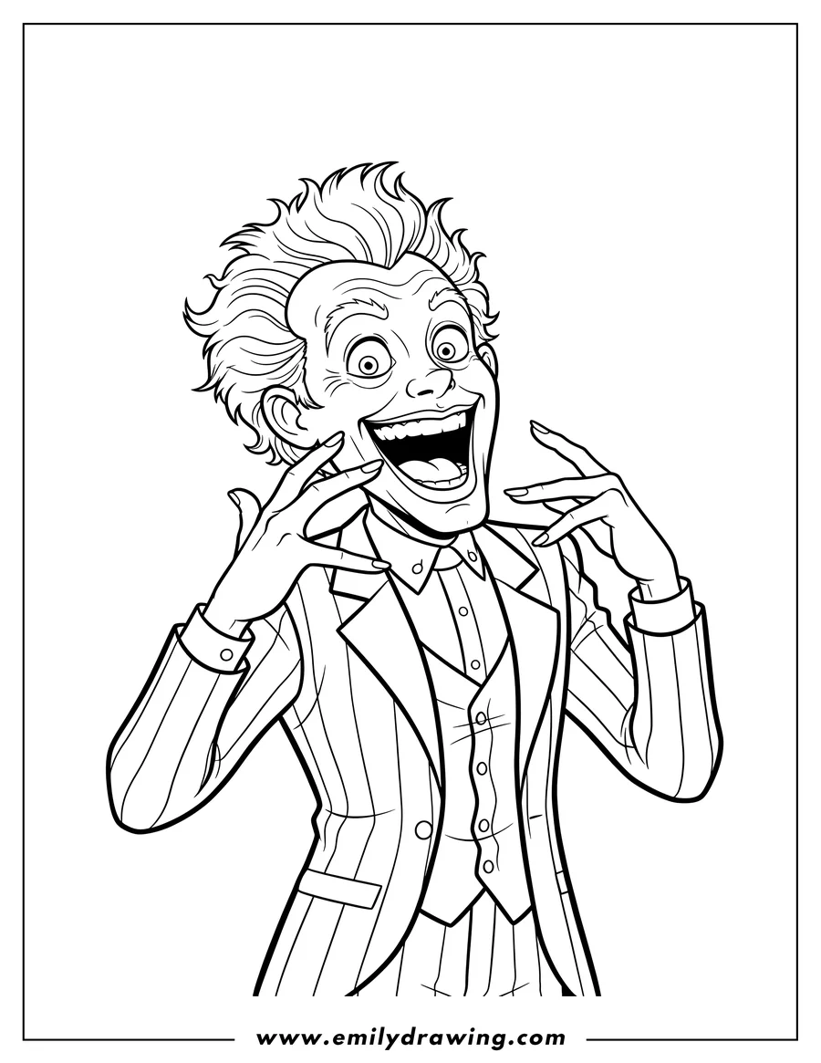 Linear illustration of laughing Beetlejuice with wide eyes and wild hair
