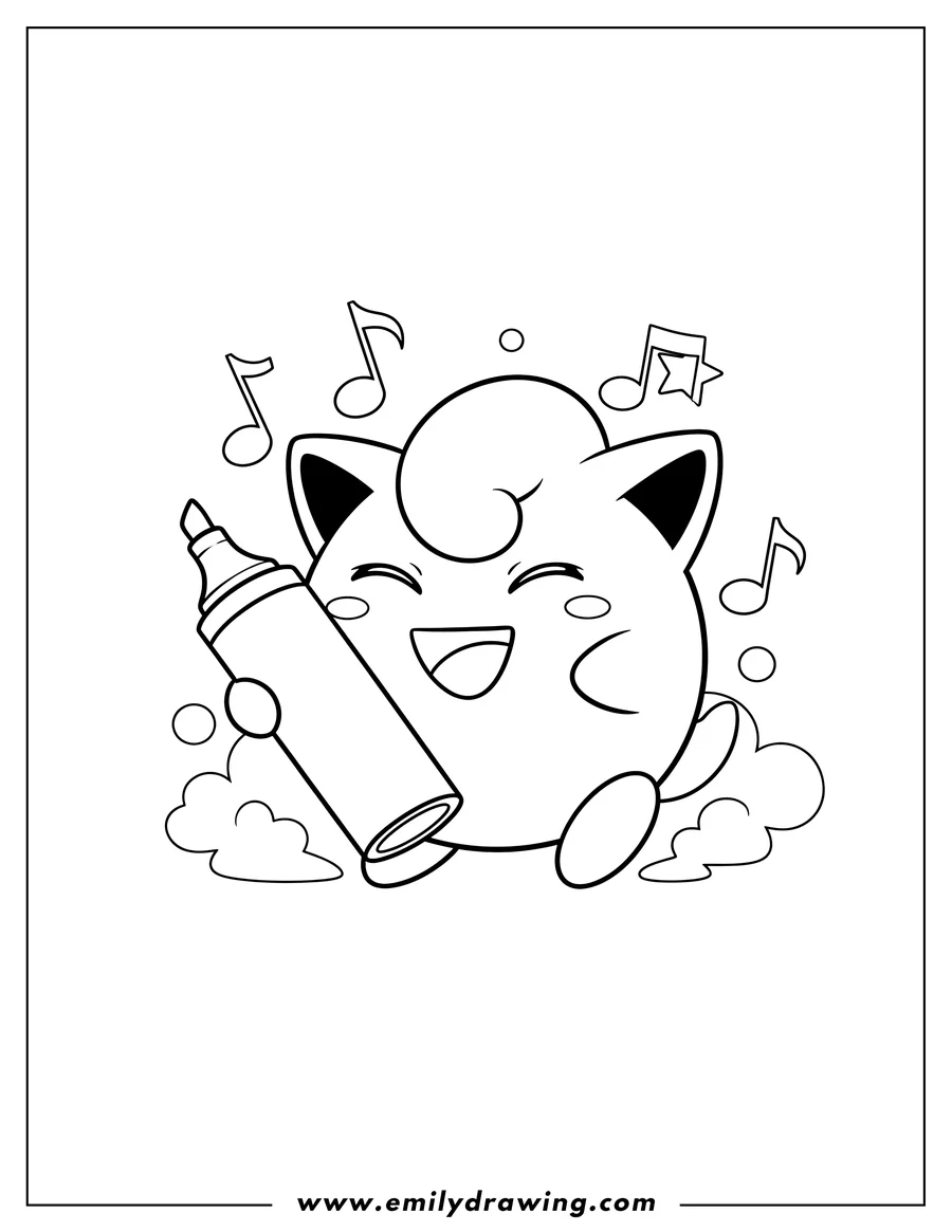 High quality printable laughing Jigglypuff with closed eyes holding a marker for coloring