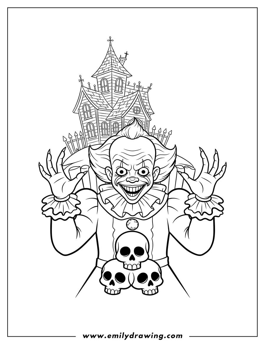 Downloadable coloring page of laughing Pennywise with raised clawed hands and three grinning skulls front a haunted house
