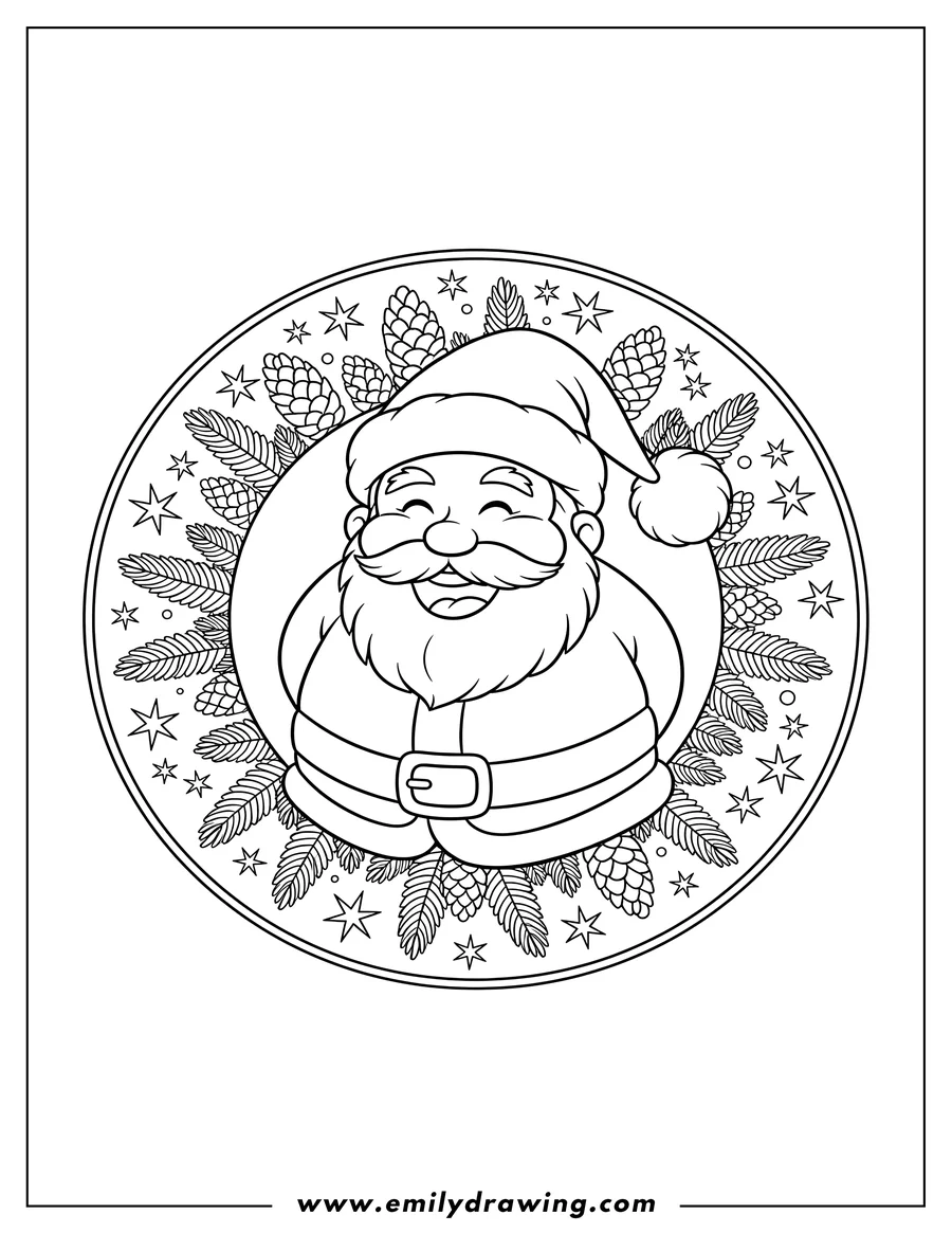 Downloadable coloring page of laughing Santa Claus with closed eyes and a pointed hat, inside a Christmas mandala featuring fir tree branch patterns