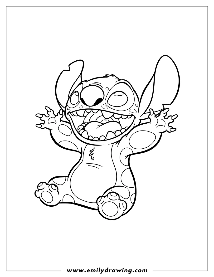 Free to print drawing of laughing Stitch Scaled, sitting with mouth wide open showing teeth