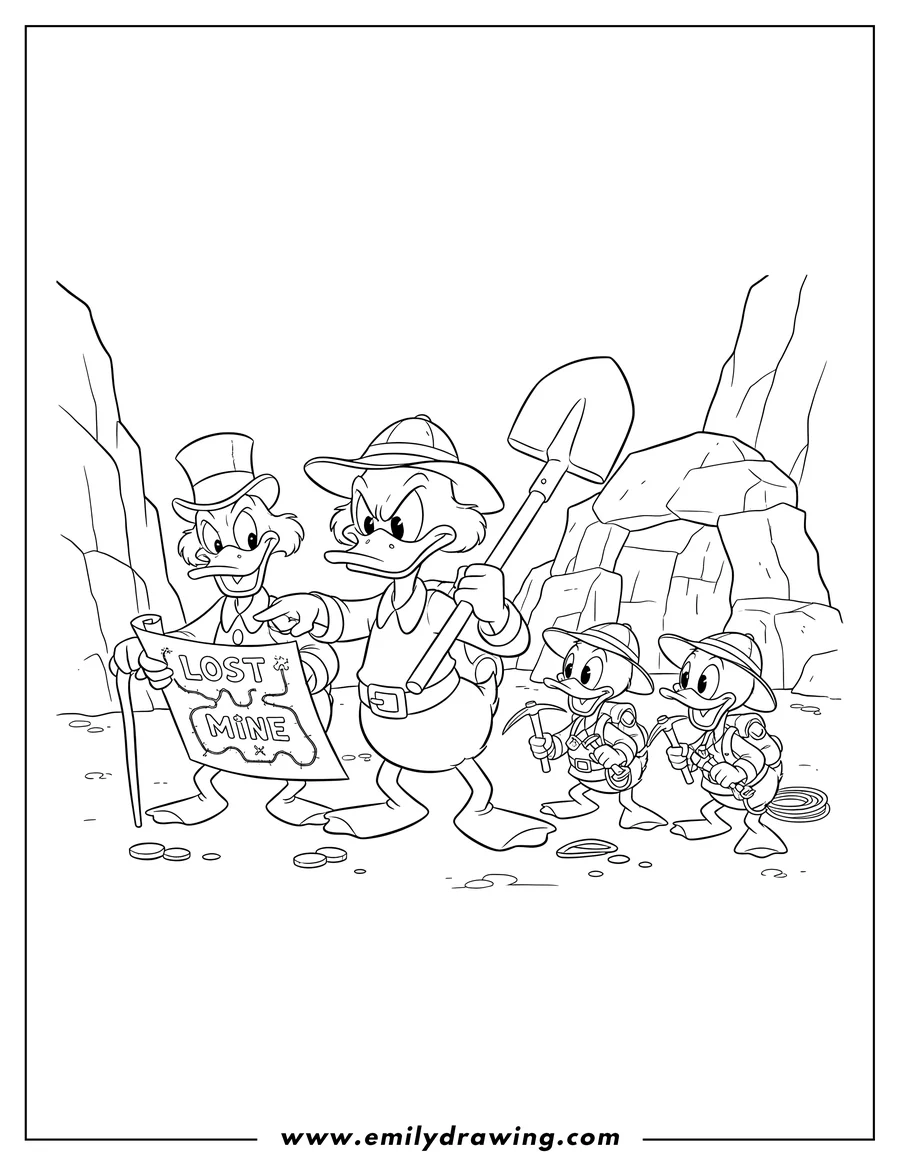Printable coloring page of launchpad Mcquack with a shovel, Scrooge Mcduck pointing at a 'LOST MINE' map, and Huey, Dewey, and Louie with adventure gear