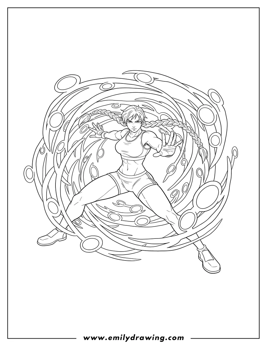 Doodle style coloring picture of street Fighter Laura Using Her Power, with swirling energy around her