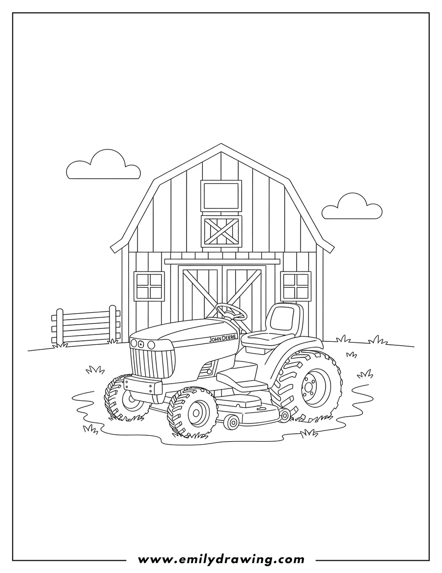 Outline drawing of john Deere ride-on lawn tractor in front of a barn